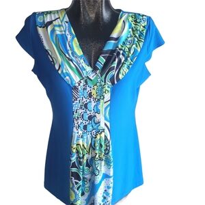 Victoria Collection Blue Patterned Short  Sleeve Top